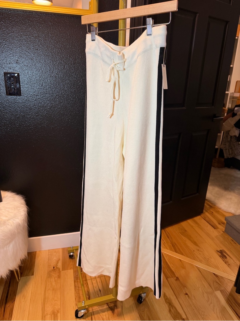 Maeve Cream Wide-Leg Knit Pants with Black Side Stripes